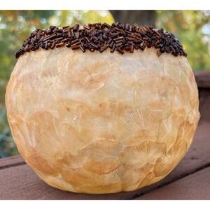 Capiz Shell With Brown Glass Beaded Rim Candle Holder 8" Philippines